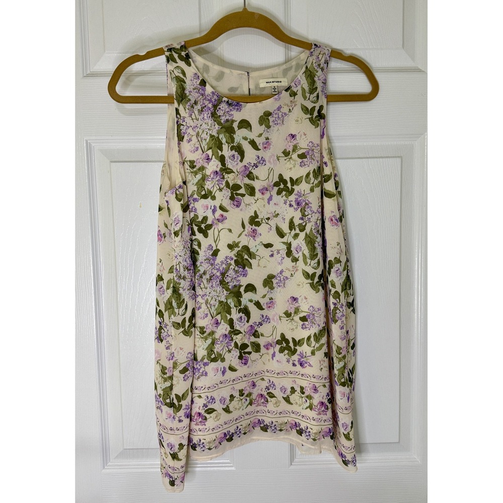 Max Studio Floral Sleeveless Top Women Small Cream Purple Cottagecore Feminine